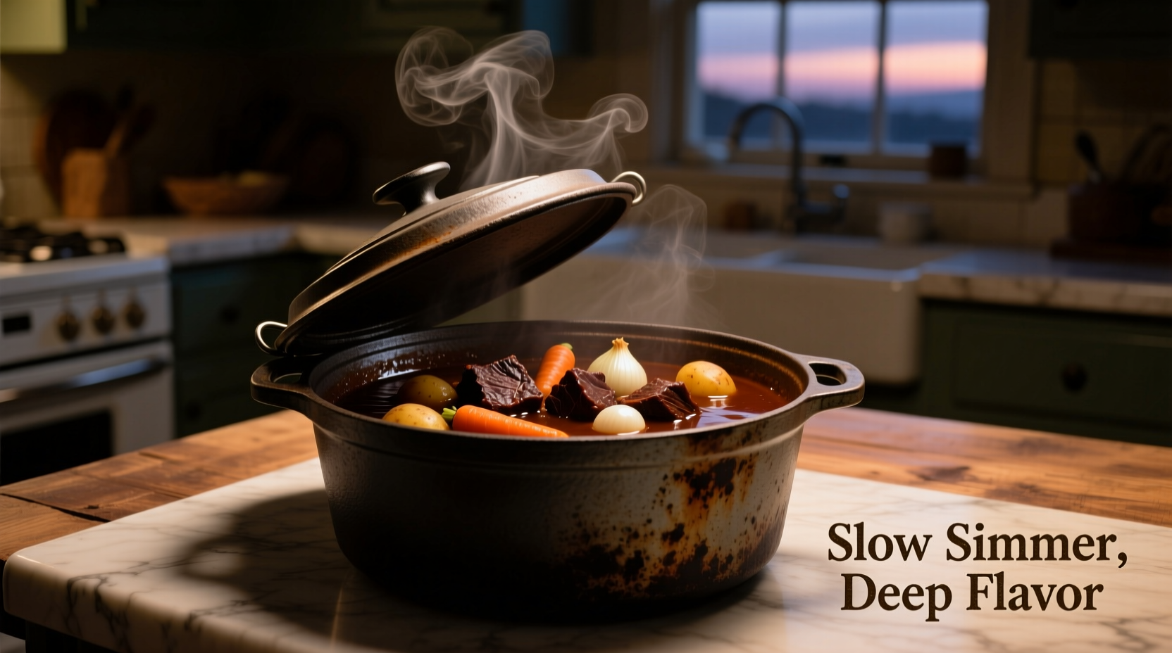 Dutch oven filled with rich beef stew