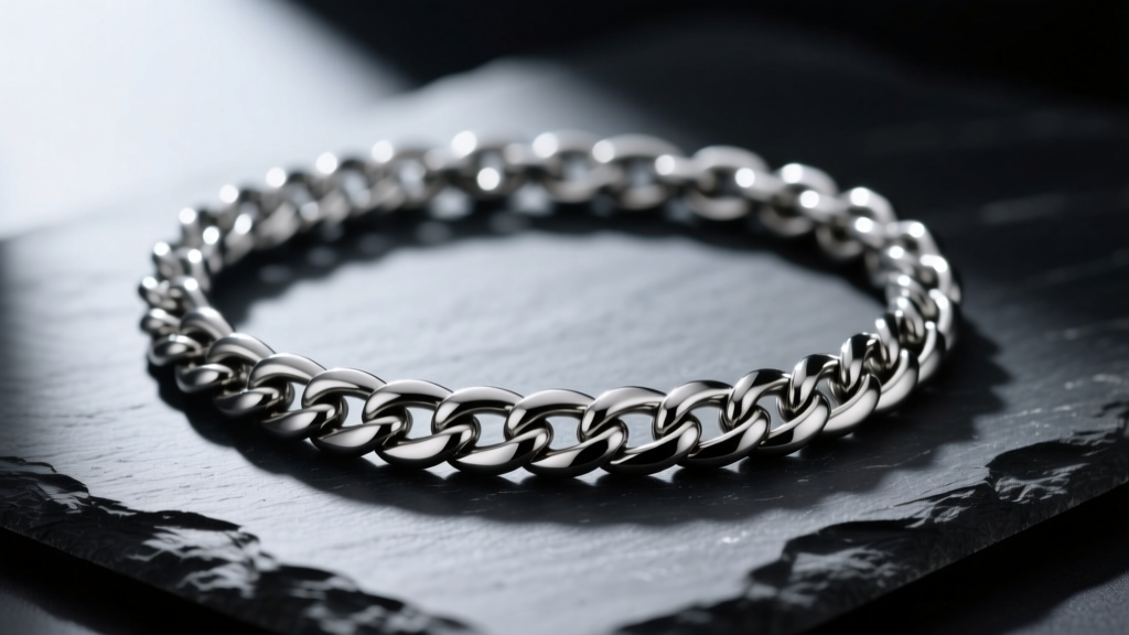 Close-up of a thick 3mm Grade 5 titanium wheat chain necklace resting on a dark slate surface with dramatic side lighting.