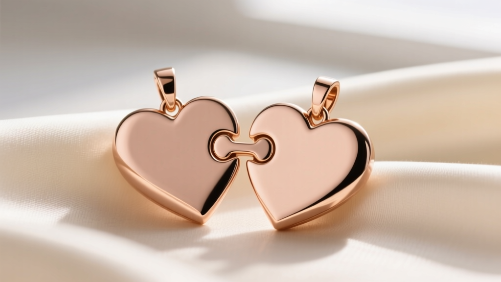Two interlocking puzzle heart pendants in 14k rose gold, separated to show the dovetail joint, resting on soft cream silk fabric.