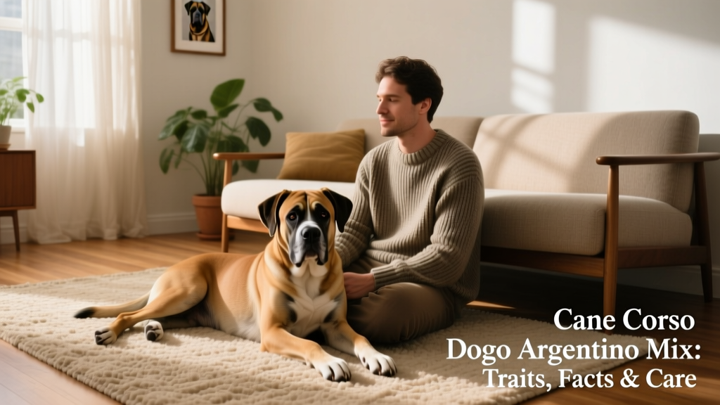 A relaxed Corso Dogo mix resting beside its owner on a living room rug, looking calm and content