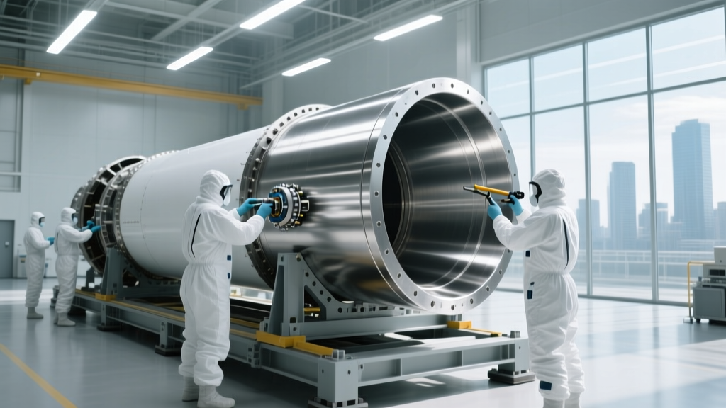 Engineers in cleanroom suits assembling a large stainless steel orbital rocket fuselage under bright LED overhead lighting in a modern aerospace factory