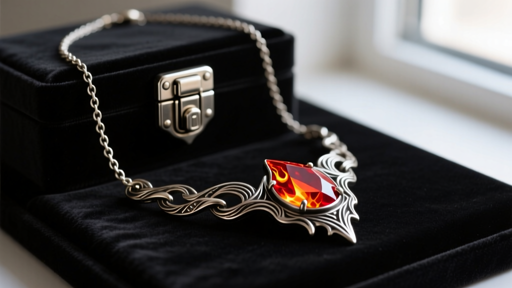 Close-up of a custom box clasp with safety catch securing a heavy artisan necklace of fireball on a dark velvet jewelry display