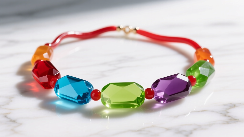 Flat lay of a vibrant candy necklace made of translucent gummy gems and red licorice thread on a marble board, bright lighting