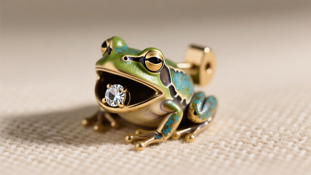 Brass frog clip-on earring with natural patina and clear rhinestone accent, photographed against a neutral beige linen backdrop.