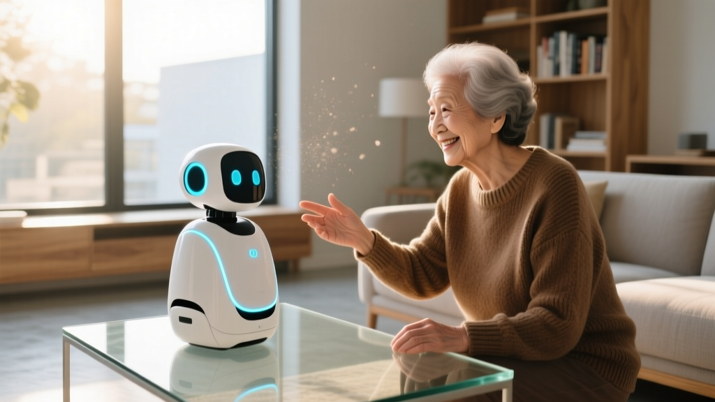 An elderly woman smiling while interacting with a sleek white desktop companion robot in a sunlit modern living room setting.