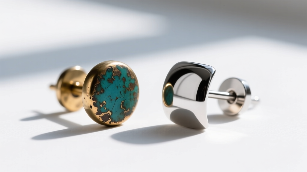 Macro view comparing a tarnished brass earring post beside a polished titanium earring post on a clean white surface