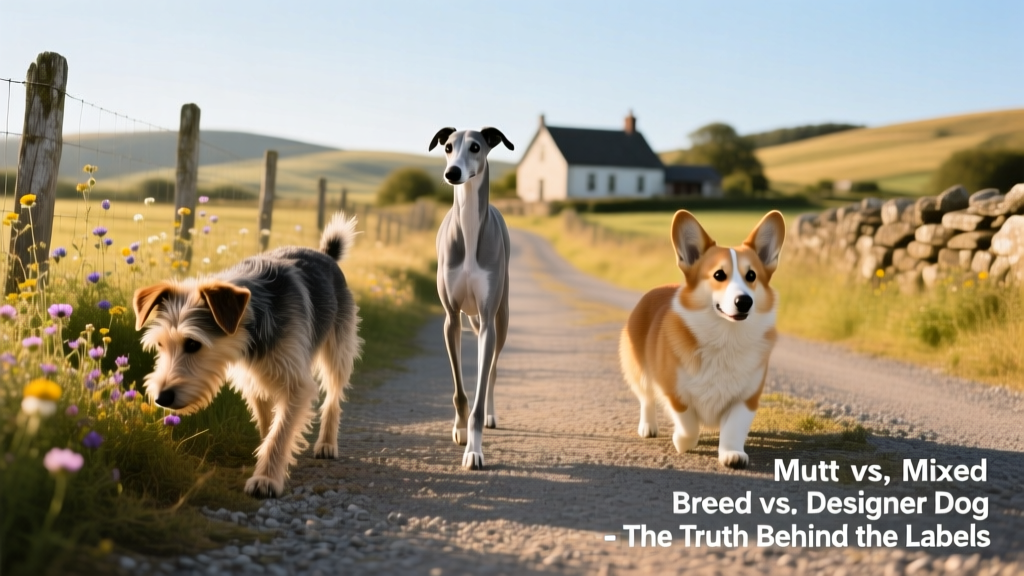 Three medium-sized dogs of varied appearances walking together on a rural road