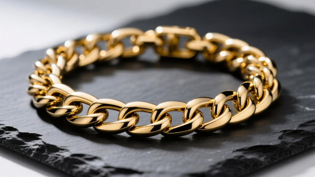 Macro shot of a stainless steel Cuban chain with PVD 18k gold coating, resting on dark slate under bright studio lighting