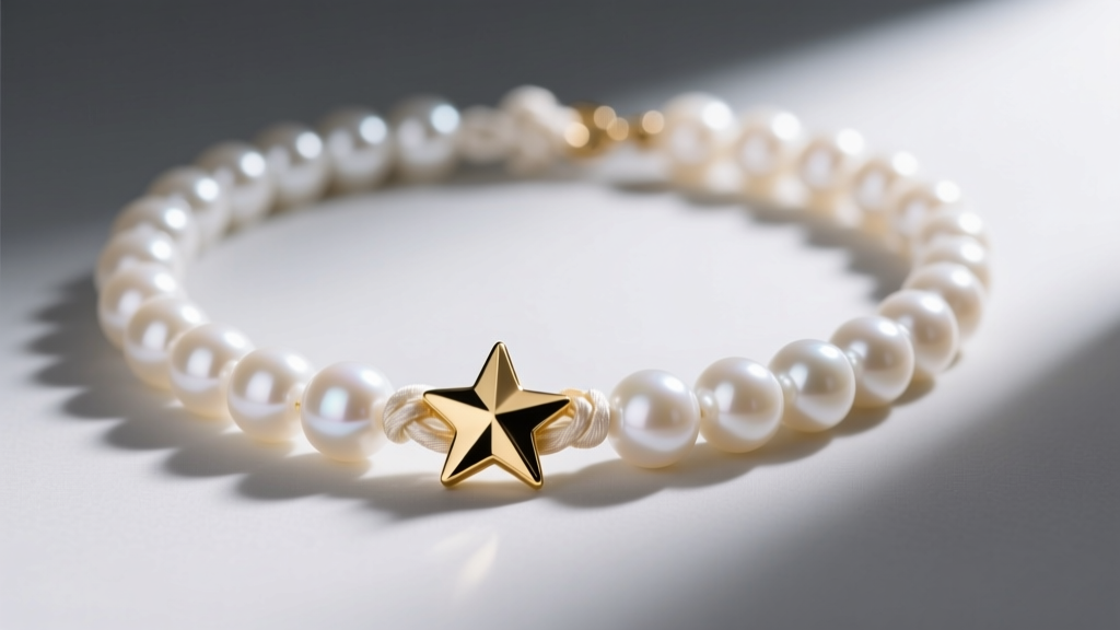 Macro shot of a white Akoya pearl necklace with a 14k gold star charm, showing silk knots between pearls under soft lighting.