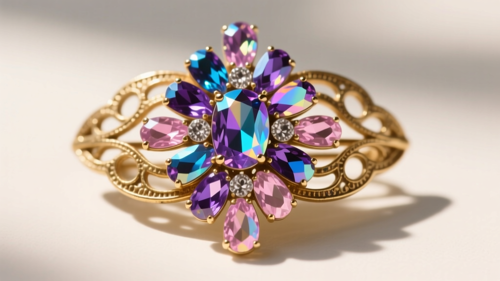 Macro shot of a mid-century Vendome vintage jewelry brooch with aurora borealis rhinestones set in textured gold-tone metal alloy