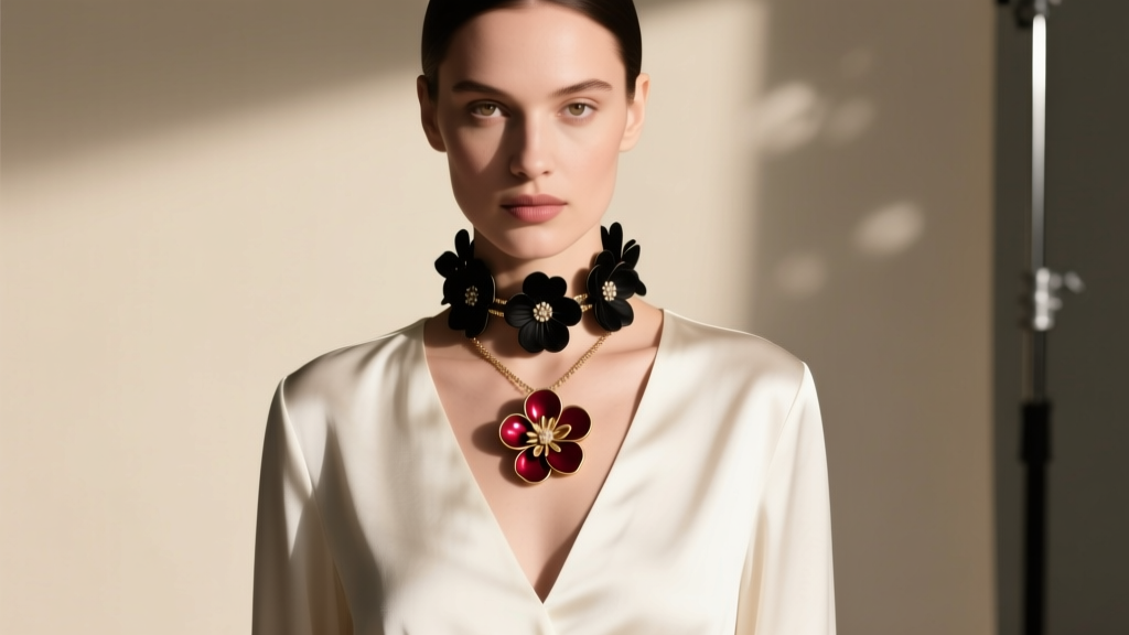 Woman wearing a layered black flower necklace over a V-neck silk blouse, showing a 16-inch choker and an 18-inch floral pendant