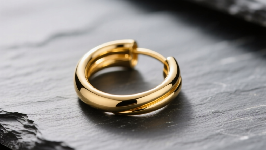 Close-up of a 14k yellow gold loop earring on slate, showing the seamless wire joint and a highly polished metallic surface.