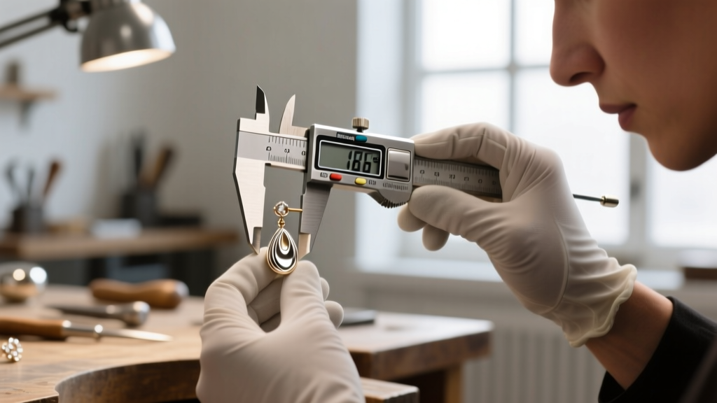 Jeweler using digital calipers to measure a 16-gauge 14k palladium white gold earring post against a blurred workshop background.