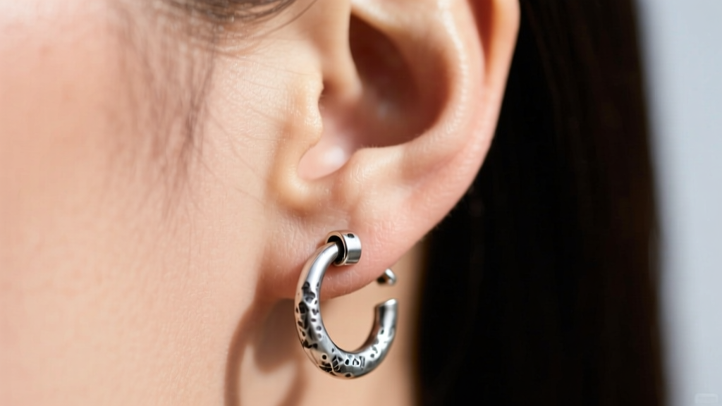 Earlobe wearing a medium Lois Hill oxidized silver hoop earring, showing the secure hinged snap closure and a comfortable fit.