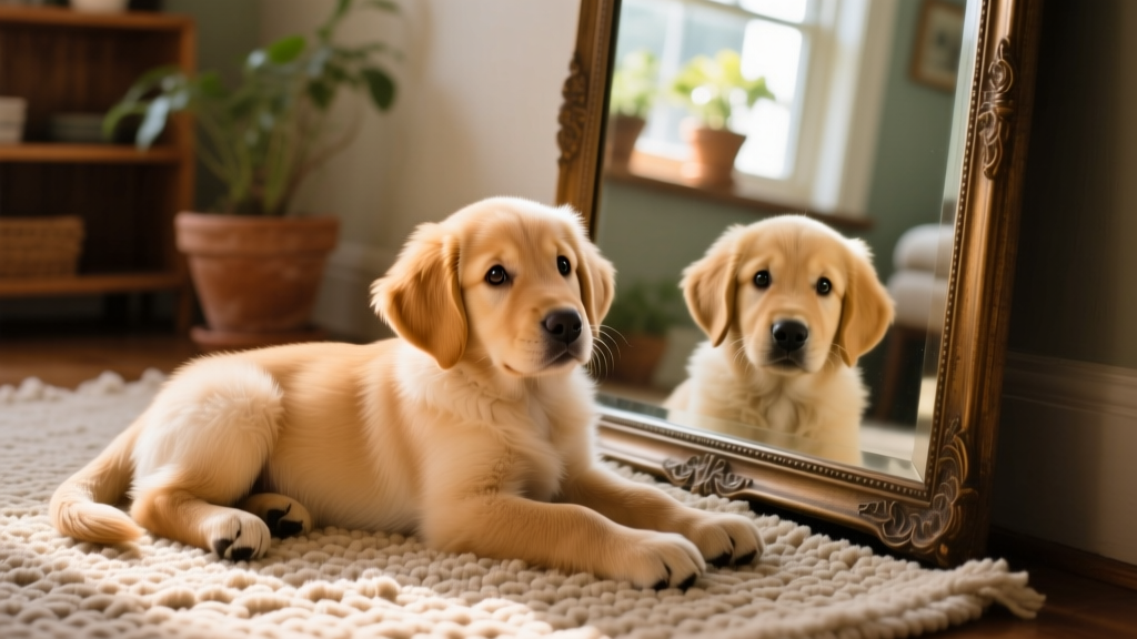 Saint resting peacefully on a soft rug beside the mirror, now calm and unbothered by his reflection