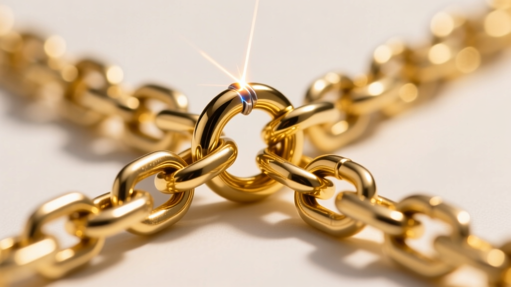 Macro shot of a laser-soldered jump ring on an endless 14k yellow gold rolo chain, highlighting the seamless metal connection.