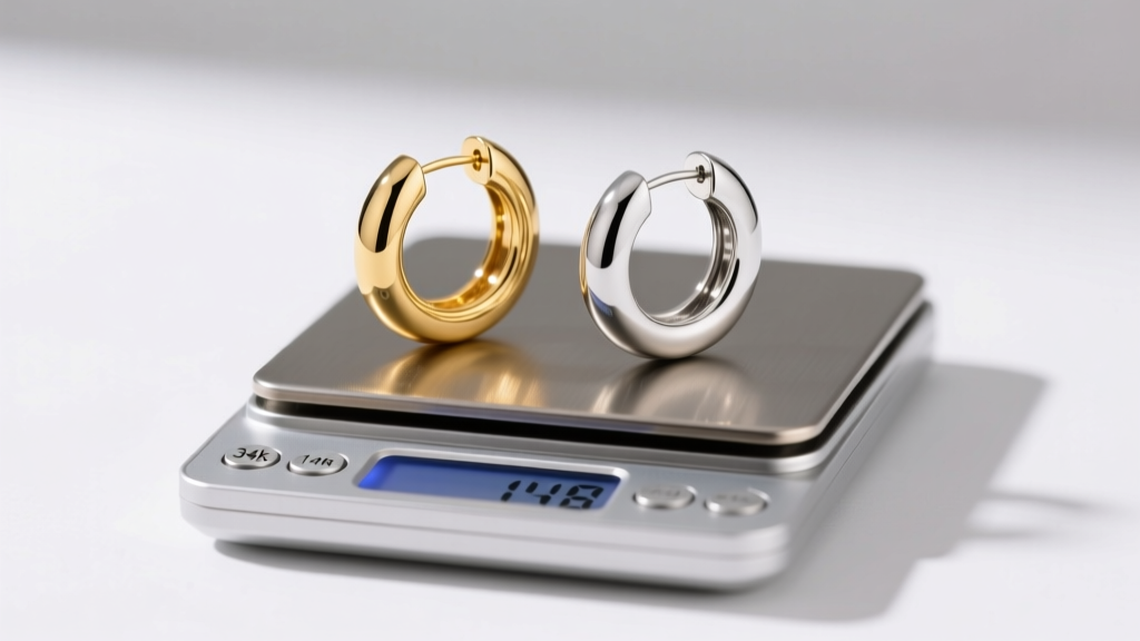 Two 30mm hoop earrings, one 14k gold and one titanium, on a digital scale showing weight differences under bright studio lighting.