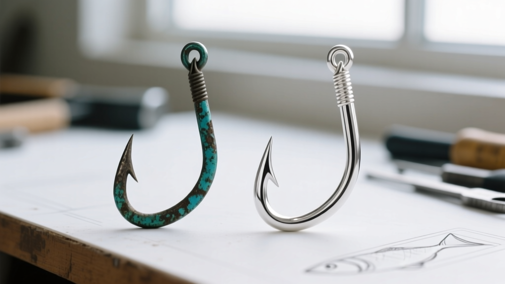 Close-up comparison of tarnished sterling silver earring fish hooks next to bright untarnished Argentium silver hooks on a workbench
