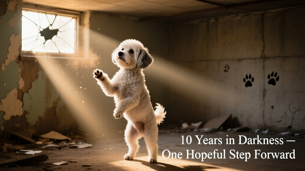 Senior Bichon Frise mix standing gently on hind legs, looking calm and hopeful