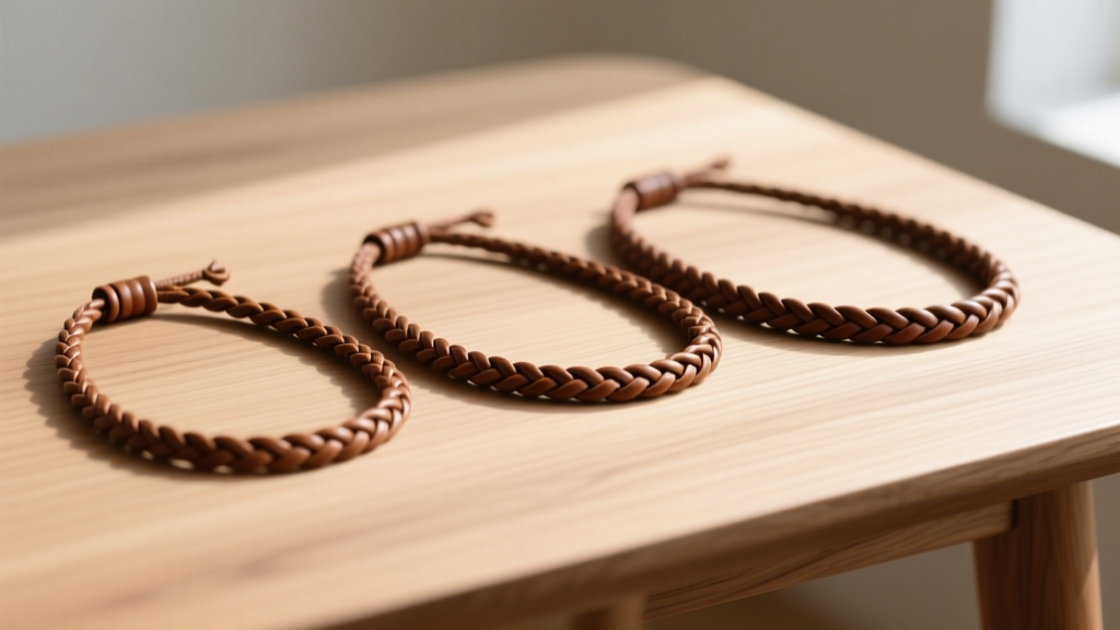 Three braided leather necklace cords of varying thicknesses, 1.5mm, 2mm, and 3mm, laid parallel on a light oak wooden table.