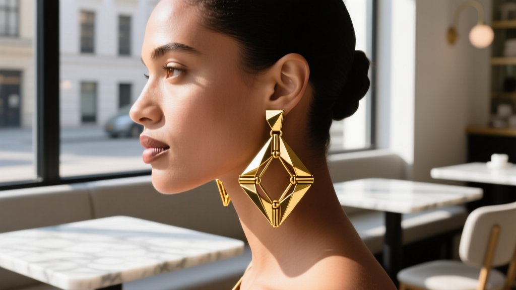 Woman wearing geometric gold Khoi drop earrings in sunlit cafe, showing scale and movement of articulated hinges on earlobes
