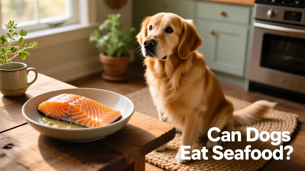 A bowl of plain, cooked salmon flakes next to a happy dog sitting calmly