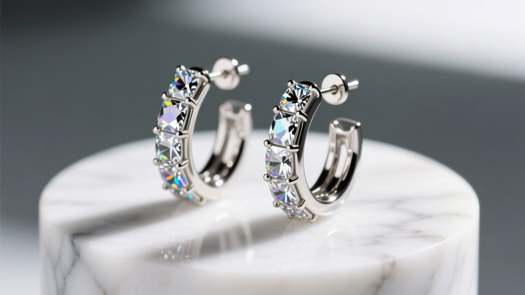 Macro shot of 18-gauge 925 sterling silver huggie hoop earrings with cubic zirconia, displayed on a white marble jewelry bust.