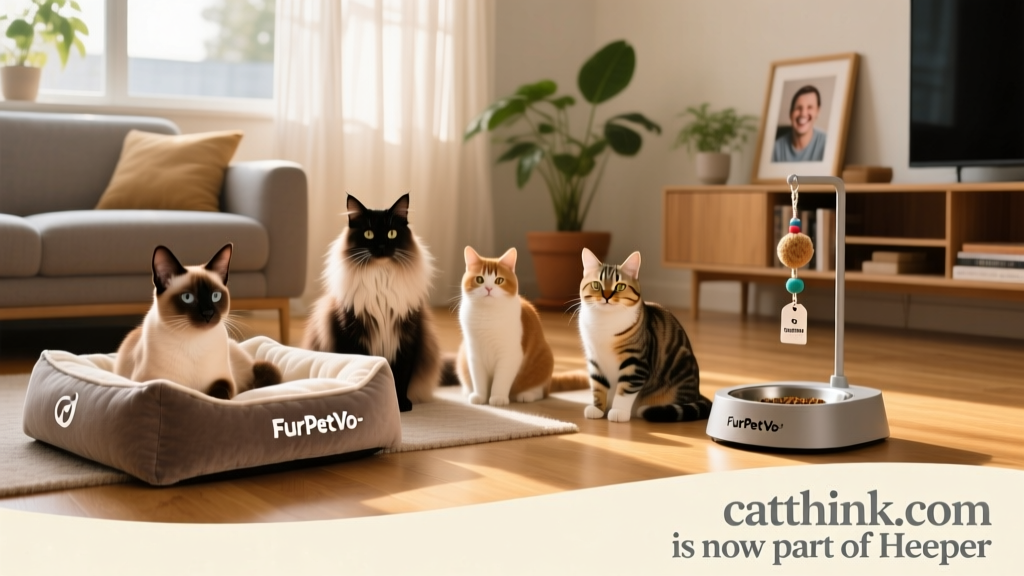 A diverse group of cats lounging comfortably in a sunlit living space with FurPetVo-branded accessories visible
