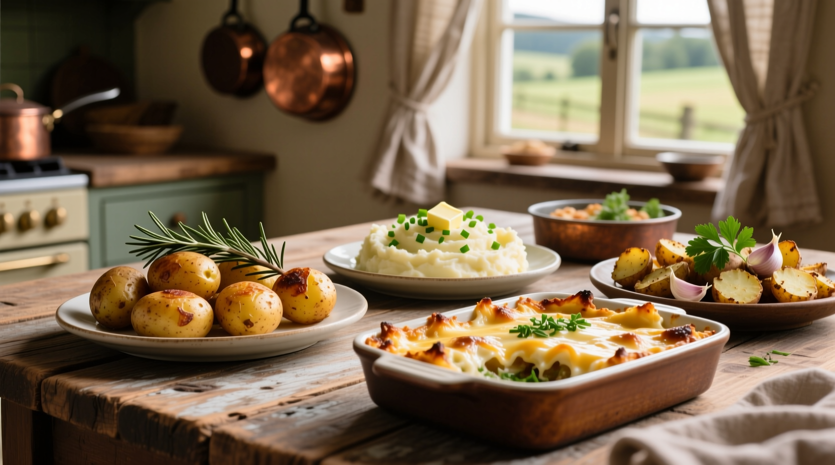Variety of potato dishes on wooden table