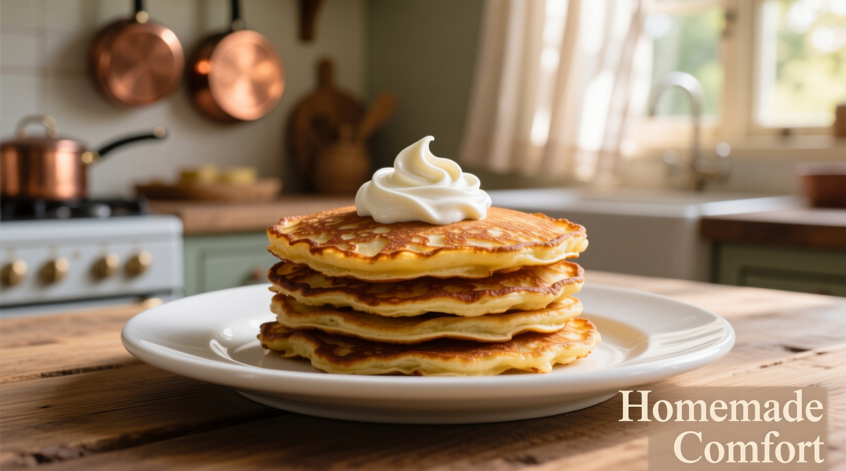 Golden brown potato pancakes on white plate with sour cream