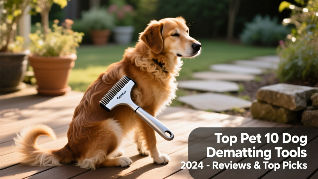 A calm, seated dog receiving gentle dematting with a FurPetVo GlideFlex Rake on its hindquarters