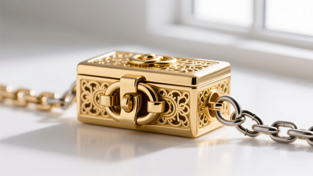 Macro photography of a heavy-duty 14k gold box clasp with dual figure-eight safety latches securely fastened on a chain.