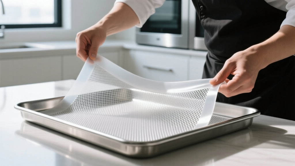 Baker stretching a platinum silicone baking mat over a stainless steel half-sheet pan, revealing the embedded fiberglass mesh core inside the translucent silicone.