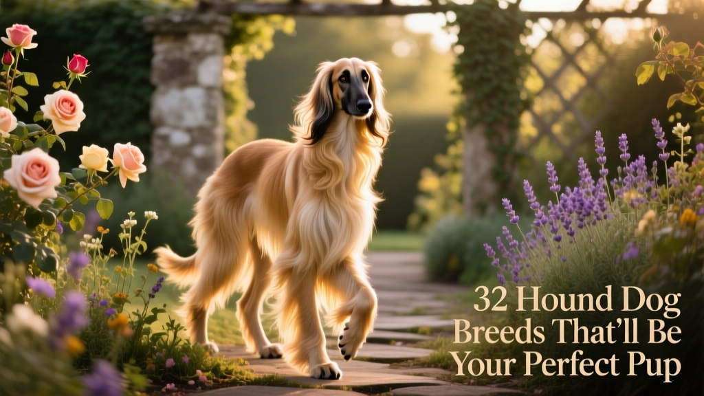 An Afghan Hound standing regally in a sun-dappled garden, coat shimmering in the light