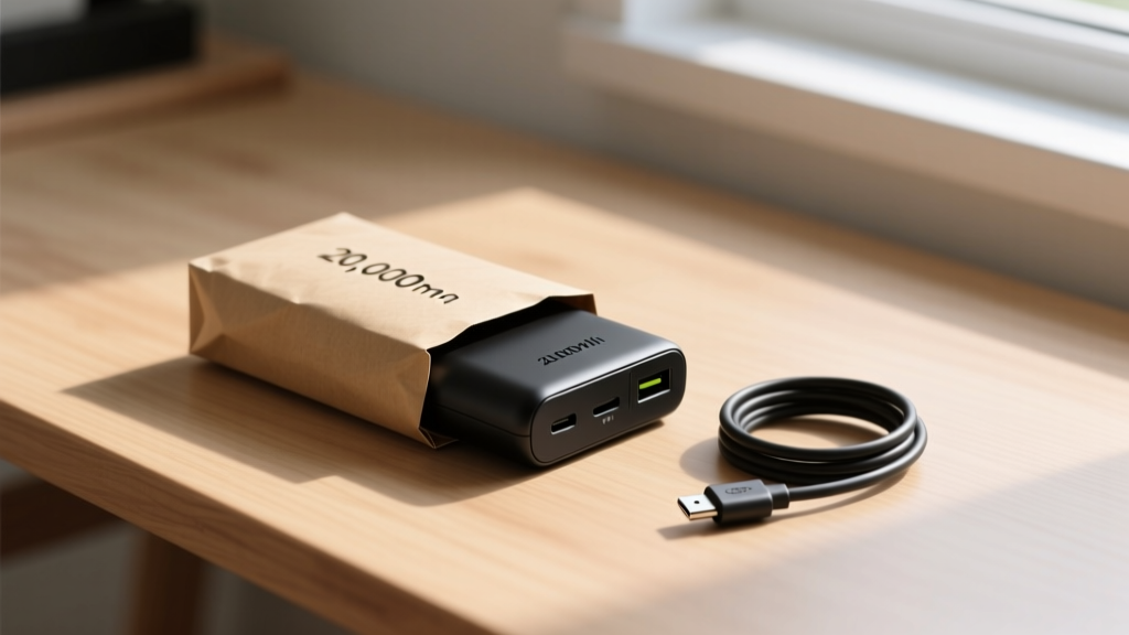 Close-up of a beginner unboxing a standard retail 20000mAh power bank with a basic USB-C cable on a clean wooden desk.