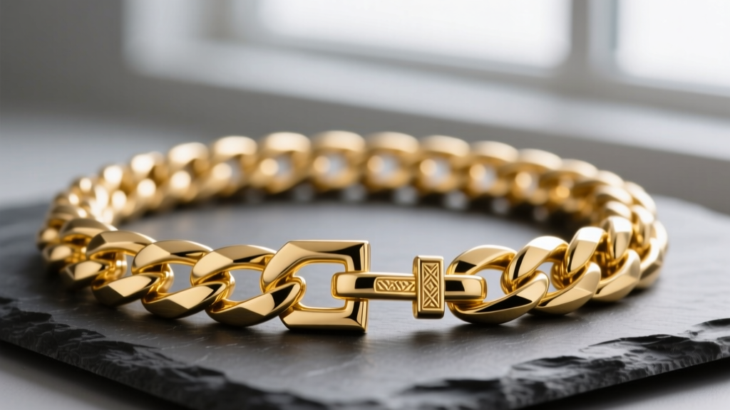 Close-up of a heavy 14k yellow gold chunky toggle necklace resting on dark slate, highlighting the thick T-bar clasp mechanism.
