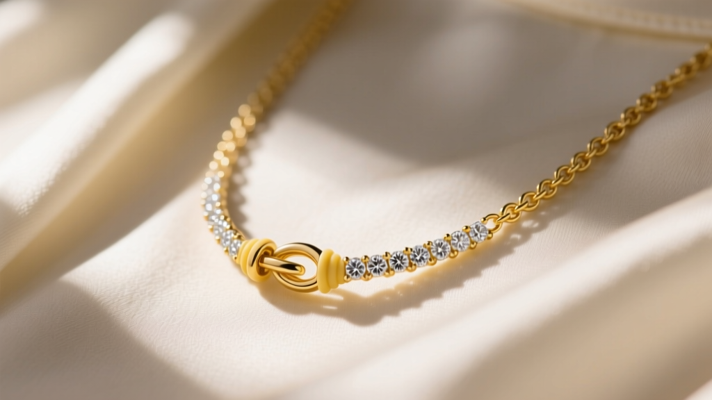Close-up of a 14k yellow gold sliding diamond necklace resting on a silk blouse, highlighting the silicone-grip bail mechanism.