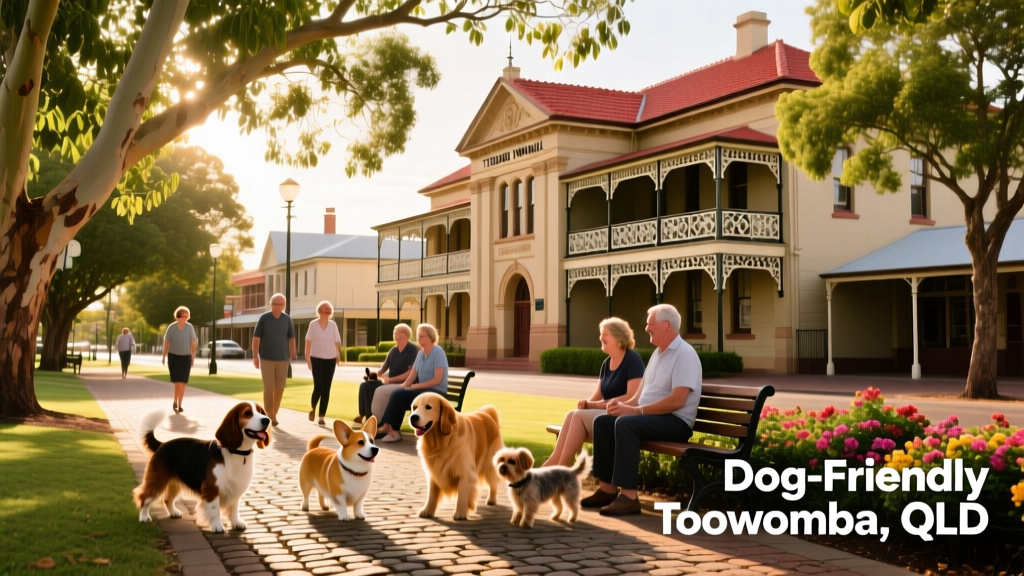 Toowoomba Town Hall surrounded by tree-lined streets and historic architecture