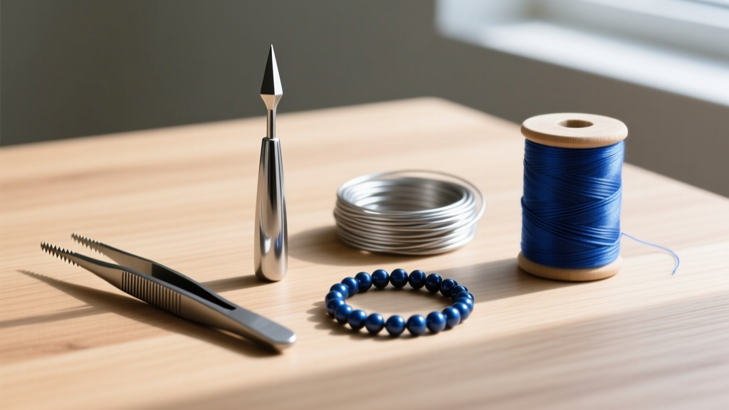 Flat lay of bead stringing tools including a beading awl, tweezers, French wire coils, and a spool of Griffin silk on wood.