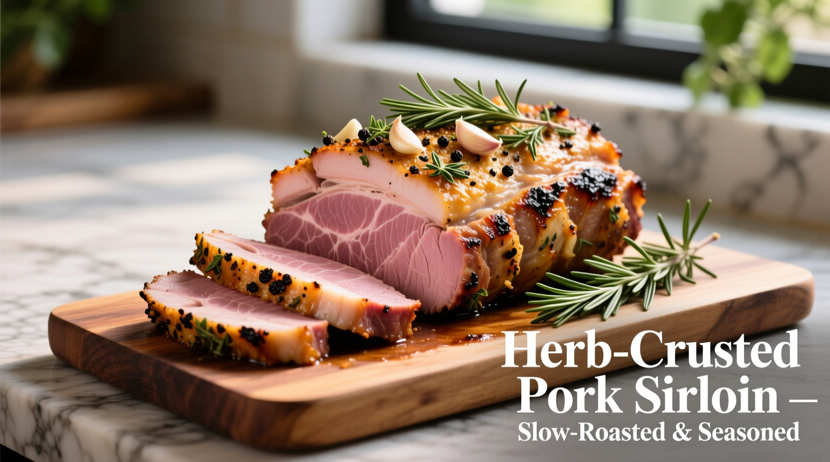 Sliced pork sirloin roast with herb crust