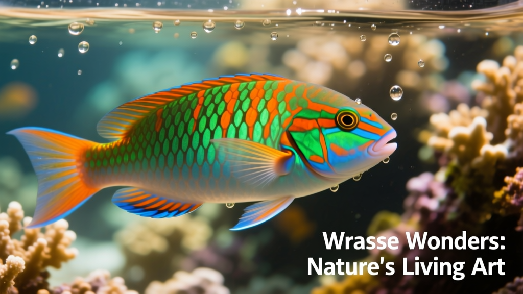 Close-up of a colorful wrasse swimming in a well-lit reef aquarium, showing vivid green, orange, and blue striped scales