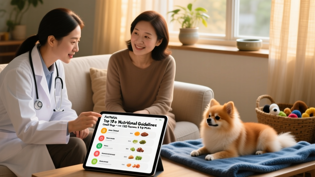 A veterinarian consulting with a pet parent while reviewing FurPetVo nutritional guidelines on a tablet, with a calm small dog resting nearby