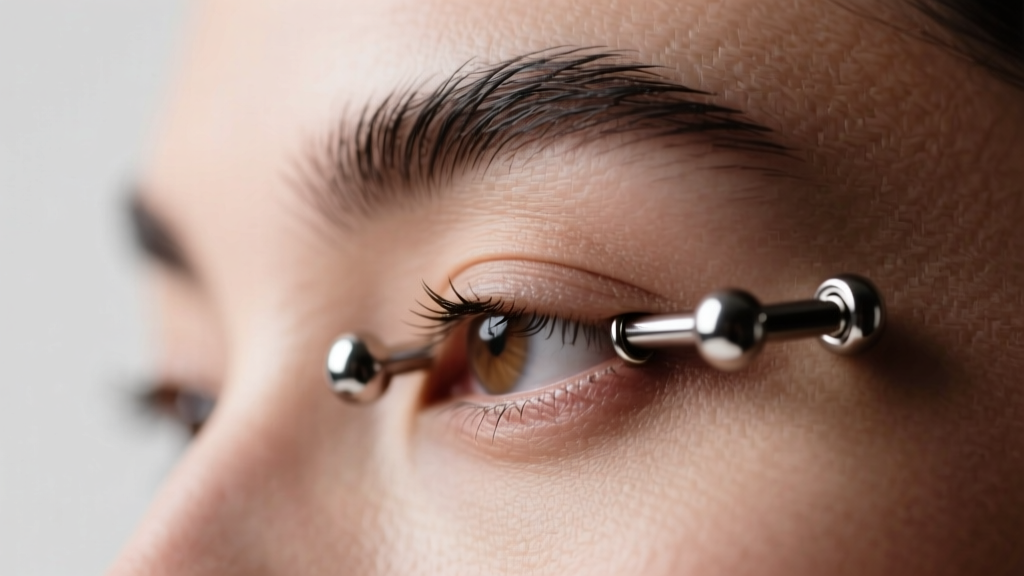 Side profile of two 14-gauge threadless curved barbells in a double eyebrow piercing, highlighting the natural tissue curvature.