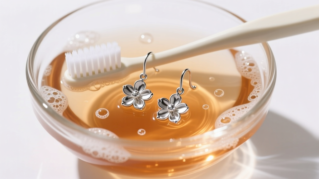 Overhead view of a glass bowl with warm soapy water, a soft toothbrush, and silver-plated floral drop earrings being cleaned