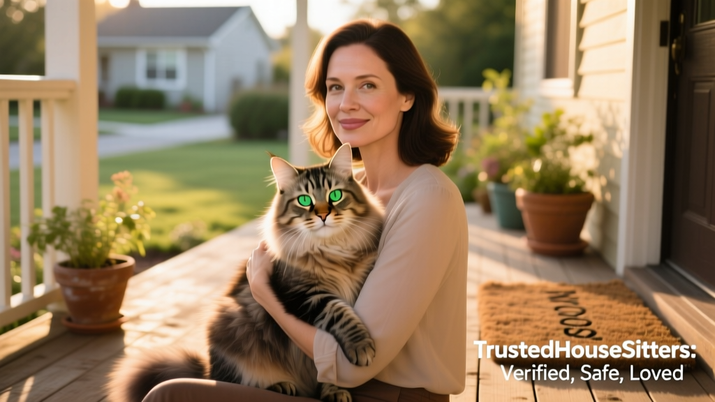Woman gently holding a calm Siberian cat with striking green eyes