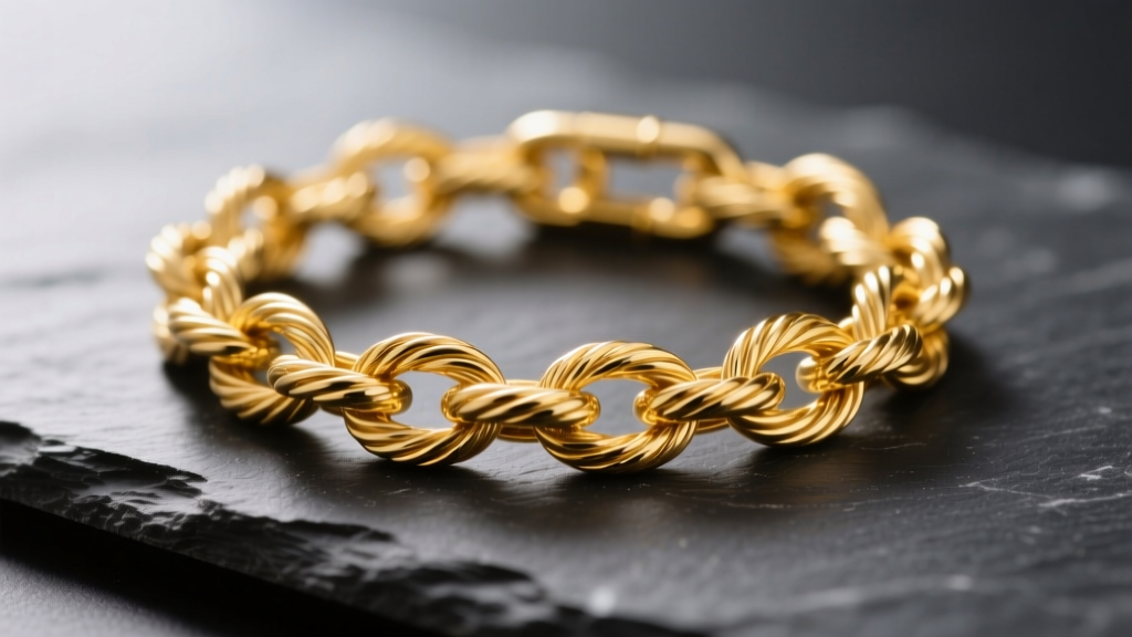 Macro shot of a tangled 18k yellow gold cable chain on dark slate, lit by soft directional light to show textures
