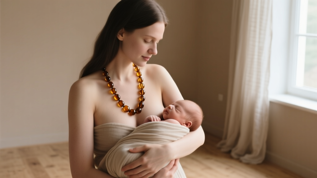 Mother wearing a long cognac Baltic amber nursing necklace while holding her infant safely against her chest in soft natural light