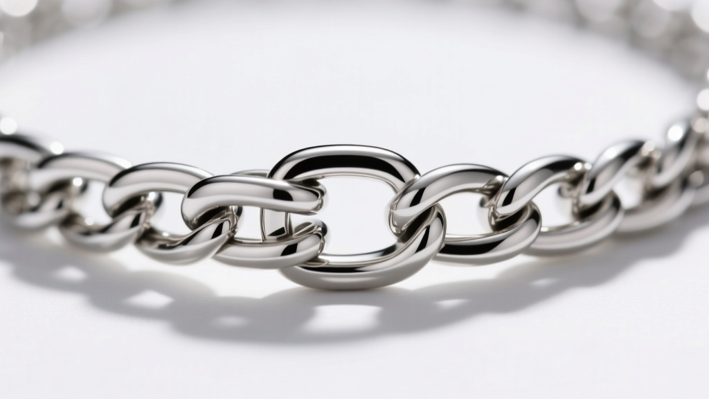 Extreme macro photography of a platinum 950 box chain necklace clasp, highlighting precise laser-welded links and polished finish.