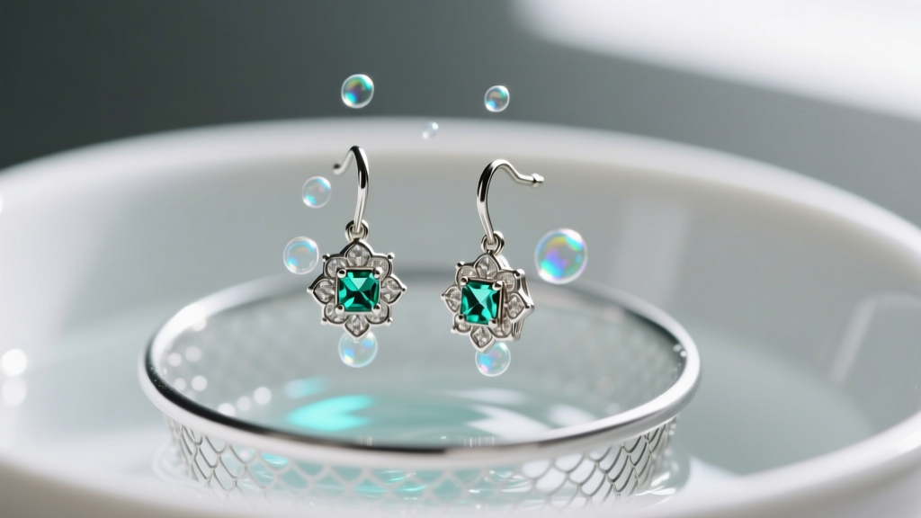 Macro view of 2mm micro stud earrings in an ultrasonic cleaner basket, with tiny cavitation bubbles forming around delicate prongs.