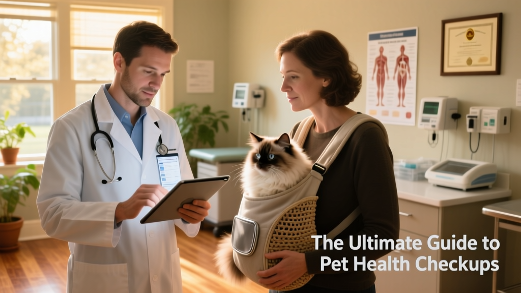 A veterinarian reviewing digital health records on a tablet while speaking with a pet owner holding a calm cat in a carrier